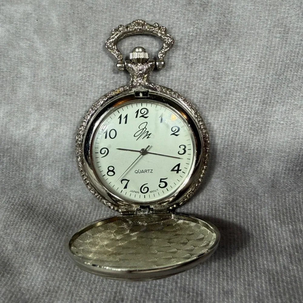 Vtg Pocket Watch Quartz Silver Tone Hunter Case Ornate Floral Japan Movt WORKING